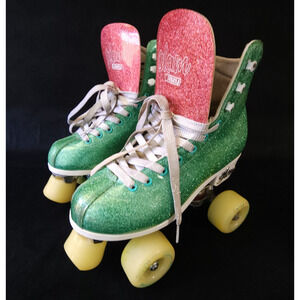 CRAZY Skates Disco Glam Teal Glitter Quad Roller Skates Women Size 5 mens size 4